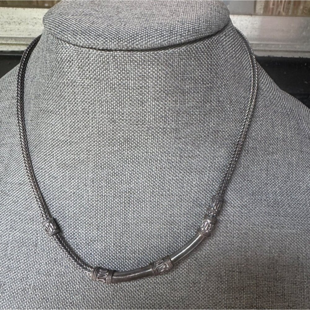 Vintage Sterling Silver Necklace With Ornate Tube Beads & Hook Clasp 18” Length